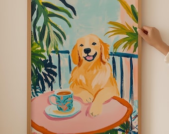 Golden Retriever Coffee Lover Poster– Trendy Wall Art for Kitchen room decor, Funky dog Print, Aesthetic Dopamine Art as coffee dog gift