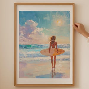 Girly Surf Poster- Trendy Beach and Ocean Print for aesthetic Boho decor, Surfboard Coastal Wall Art for aesthetic beachy bathroom decor