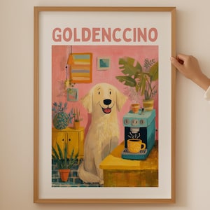 以下が含まれることがあります： コーヒーマシンとゴールデンレトリバー犬が描かれた額入りのアートプリント。プリントの上部には「GOLDENCCINO」の文字。犬は笑顔で、背景には植物と黄色のキャビネットがあります。カラーパレットは暖かく、ピンクと黄色のトーンです。