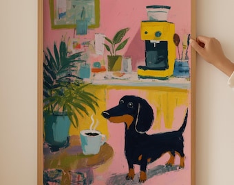 May include: A framed art print featuring a whimsical illustration of a black and tan dachshund dog in a kitchen setting. The artwork includes a coffee maker, plants, and a steaming cup of coffee, with a pink and yellow color scheme.