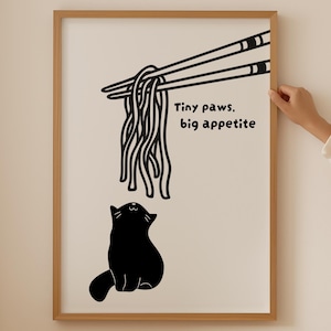 Cute Japanese Ramen Bowl Cat Poster- Aesthetic Japandi Noodle Lover Wall Art gift, Trendy Ramen Chopstick Print for asian kitchen room decor
