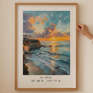 La Jolla Poster- Trendy San Diego Print, Vintage Surf and Coastal Wall Art for beachy bathroom decor, Ocean and Sunset Print for above couch