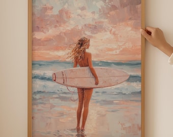 Vintage Surf Poster- Beachy Print for Teenage Girl Gifts, Girly Coastal Wall Art for Beachy aesthetic Room Decor, Meet Me at the Beach Art