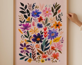 Pink Wildflower Bouquet Poster- Floral Art for dopamine cubicle decor, Flower Market Print, Trendy Botanical Wall Art for Aesthetic Room