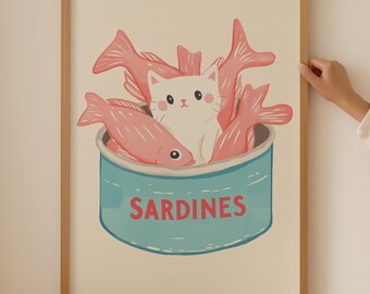 Funny Cat & Sardine Poster– Funky Sardine Fish Wall Art, Fisherman Aesthetic Print, Trendy Bathroom Prints for cat lovers, Cat themed gift