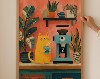May include: A framed art print featuring a yellow cat holding a coffee cup, a teal coffee maker, and various potted plants. The artwork has a warm color palette with a coral background and a wooden frame.
