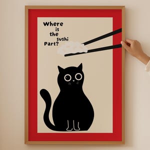 Cute Japanese Sushi Cat Poster- Trendy Ramen Chopstick Print for asian kitchen room decor, Aesthetic Japandi Noodle Lover Wall Art gift