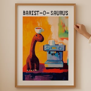 Dinosaurier Küchen Poster - Trendy Kaffee Wand Kunst für Küche Raum Dekor, Funky Dopamin Druck als Kaffee Geschenk, Ästhetischer Dino Barista Raum Kunst