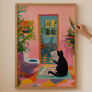 Lustiger Badezimmer Katzen Druck- Trendige Katzen Wandkunst für Katzenliebhaber, Ästhetische Dopamin Kunst für Katzenliebhaber, Katzentoilette als Geschenk zu Katzenmotiven