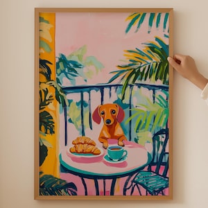Dackel Liebhaber Druck- Trendy Kaffee Wand Kunst für Küche Raum Dekor, Funky Weiner Hund Poster, Ästhetische Dopamin Kunst als Kaffeehund Geschenk