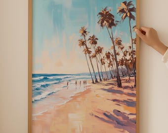 May include: A framed painting of a beach scene with palm trees and people walking along the shore. The sky is blue and the water is turquoise. The sand is a light beige color.
