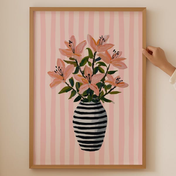 Flower bouquet stripes Wall Art- Pink Floral Art, dopamine decor, Wildflower Market kitchen Wall Art, Trendy aesthetic Botanical Poster