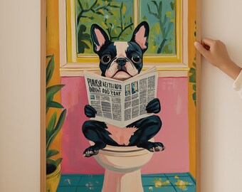 Boston Terrier minnaar print– trendy toiletkunst aan de muur, funky esthetische badkamerinrichting, kleurrijke hond poster, grappig badkamer cadeau Boston Terrier