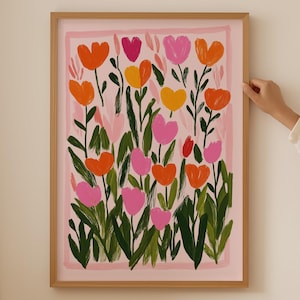 Arte murale con bouquet di fiori selvatici rosa, arte floreale con tulipani, decorazione per cubicoli di dopamina, poster botanico alla moda per stanze estetiche, stampa del mercato dei fiori