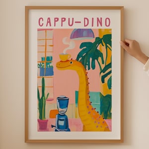 Dinosaurier-Kaffee-Poster - Trendige Kaffeewandkunst für Küchenraumdekor, ästhetischer Dino-Espressoraumdekor, funky Dopamindruck für die Infinity-Couch
