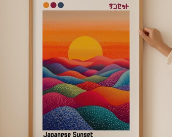 Solnedgångs-Japandi-poster, färgglad Japandi-väggkonst, japansk väggkonst för estetisk rumsinredning, abstrakt Wabi Sabi-konst, Chinoiserie-stil