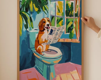 Beagle Lover Print– Trendy Toilet Dog Wall Art, Funky Aesthetic Beagle Bathroom decor, Colorful Cubicle Poster, Funny Poop Beagles gift