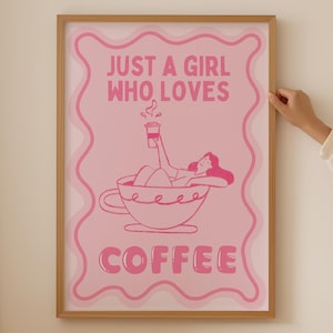 Impression amateur de café rose - oeuvre d'art murale girly tendance pour décoration de cuisine, cadeau café affiche funky dopamine, salle d'enseigne de bar esthétique barista