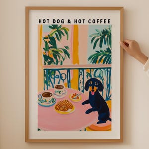 Kaffee Dachshund Liebhaber Druck - trendige Wandkunst für Küche Raum Dekor, Funky Weiner Hund Poster, ästhetisches Dopamin Kunst als Kaffeehund Geschenk