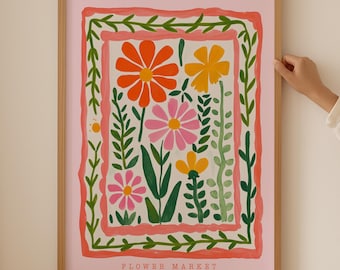 Pink Wildflower Bouquet Print- Trendy Flower Market Poster, Botanical Wall Art for Aesthetic Room, Floral Art for dopamine cubicle decor