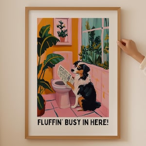 Australische herder minnaar poster– trendy toilethond kunst aan de muur, funky esthetische badkamerinrichting, kleurrijke kast print, grappig Aussie cadeau