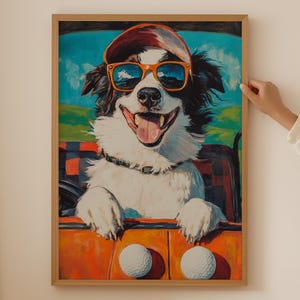 Border collie Poster– Golf Lover Wall Art for Funny bathroom or man cave decor, Aesthetic funky Vintage Dog Print for hobby women gifts