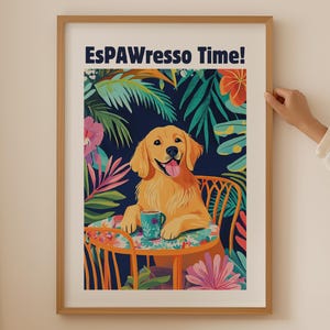 Golden Retriever Coffee Lover Print– Trendige Wandkunst für Küche Raum Dekor, Funky Hund Poster, Ästhetischer Dopamin Kunstdruck als Kaffeehund Geschenk