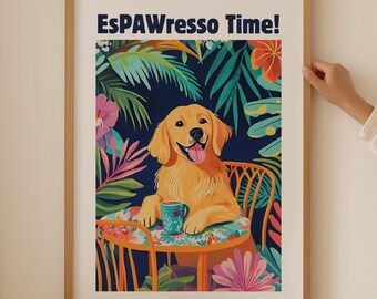 Golden Retriever Coffee Lover Print– Trendy Wall Art for Kitchen room decor, Funky dog Poster, Aesthetic Dopamine Art as coffee dog gift