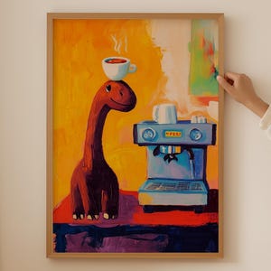 Dinosaurier Cappuccino Poster - Trendige Kaffeewandkunst für die Küche Raumdekor, Funky Dopamindruck als Kaffeegeschenk, ästhetischer Dino-Baristaraum