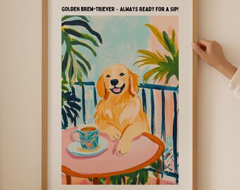 Golden Retriever Lover Poster– Trendy  Coffee Wall Art for Kitchen room decor, Funky dog Print, Aesthetic Dopamine Art as coffee dog gift