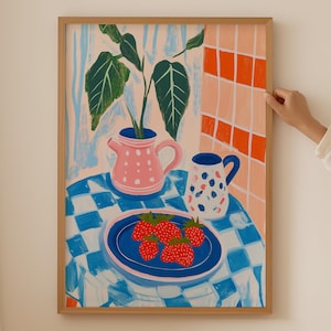 Bunter italienischer Erdbeer-Wand-Kunst- rosa Espresso- Druck für Dopaminküchendekor, trendiges Blumenplakat für ästhetisches kokettes Raumdekor