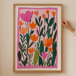 Arte murale con bouquet di fiori selvatici rosa - Arte floreale per l'arredamento del cubicolo della dopamina, poster botanico alla moda per una stanza estetica, stampa del mercato dei fiori