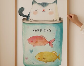 Funky Cat & Sardine Poster– Funny Sardine Fish Wall Art, Fisherman Aesthetic Print, Trendy Bathroom Prints for cat lovers, Cat themed gift