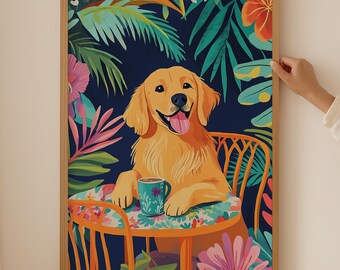 Coffee Golden Retriever Lover Print– Trendy Wall Art for Kitchen room decor, Funky dog Poster, Aesthetic Dopamine Art as coffee dog gift