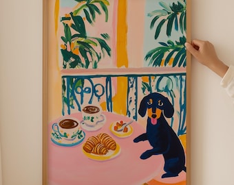 May include: A framed illustration of a dachshund sitting at a table with a cup of coffee and pastries. The background is a colorful scene of a balcony with tropical plants.