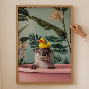 Otter Lover Poster– Trendige Otter Badeente Wandkunst, Funky Ästhetisches Badezimmer Dekor, Otter und Badeente Druck als Geschenk oder lustige Deko