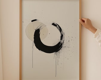 Abstrakt cirkel Japandi konsttryck, neutral beige Wabi Sabi-affisch, japansk väggkonst, estetisk rumsinredning, trendigt konsttryck, retrotryck