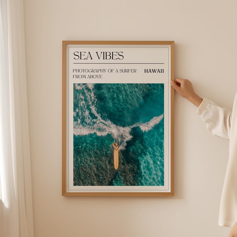 a woman standing in front of a Retro Surf Poster