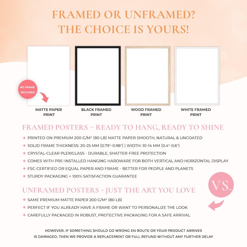 a white poster with a pink background and the words frame or unframed?