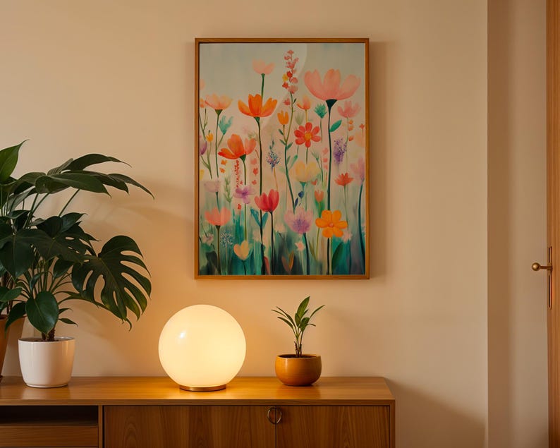 a painting of flowers on a wall next to a potted plant