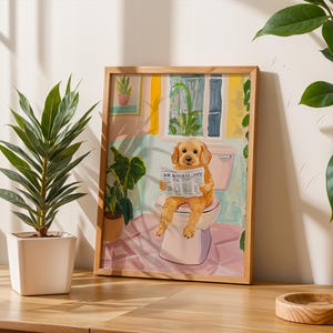 a painting of a dog sitting on top of a toilet