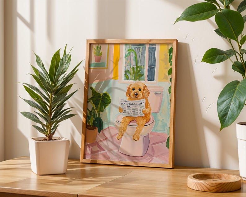 a painting of a dog sitting on top of a toilet