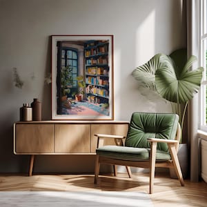 a green chair sitting in a living room next to a window