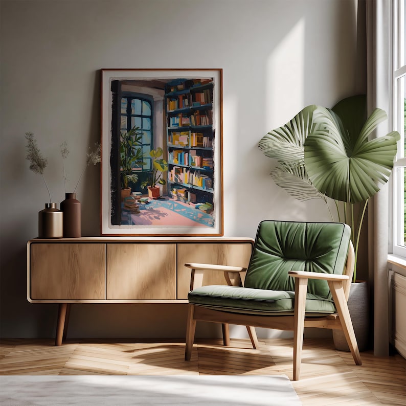 a green chair sitting in a living room next to a window