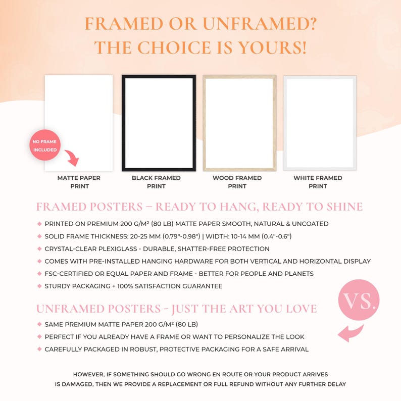 a white poster with a pink background and the words frame or unframed?