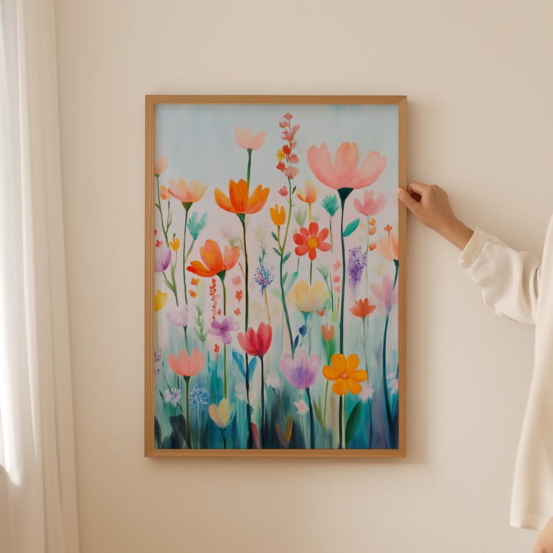 a woman standing next to a print of Aquarell Wildflower Bouquet on a wall