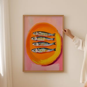 Sardinenöl Poster - Funky Fisch Wandkunst, Dopamin Fisch Dekor, Austern & Fischer Ästhetischer Druck, Trendige Badezimmer Drucke, Fisch Wandkunst
