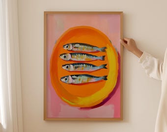 Sardine Oil Poster– Funky Fish Wall Art, Dopamine fish Decor, Oyster & Fisherman Aesthetic Print, Trendy Bathroom Prints, Fish Wall Art