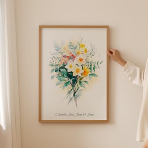 Poster personalizzato con bouquet di fiori di campo - Stampa floreale di nascita come regalo per la festa della mamma o per la mamma, Arte murale di fiori botanici alla moda per una stanza estetica