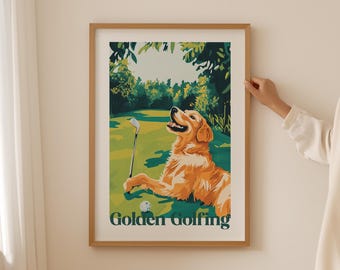 Trendy golden retriever golf Lover Poster–  Funny Wall Art for Funky bathroom Decor or man cave, Aesthetic Vintage Dog Print for women gifts